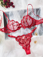 Valentijn Limited Edition — Blauwe bloemenkant beha & high-waist slip, semi-transparant met verstelbare strikjes
