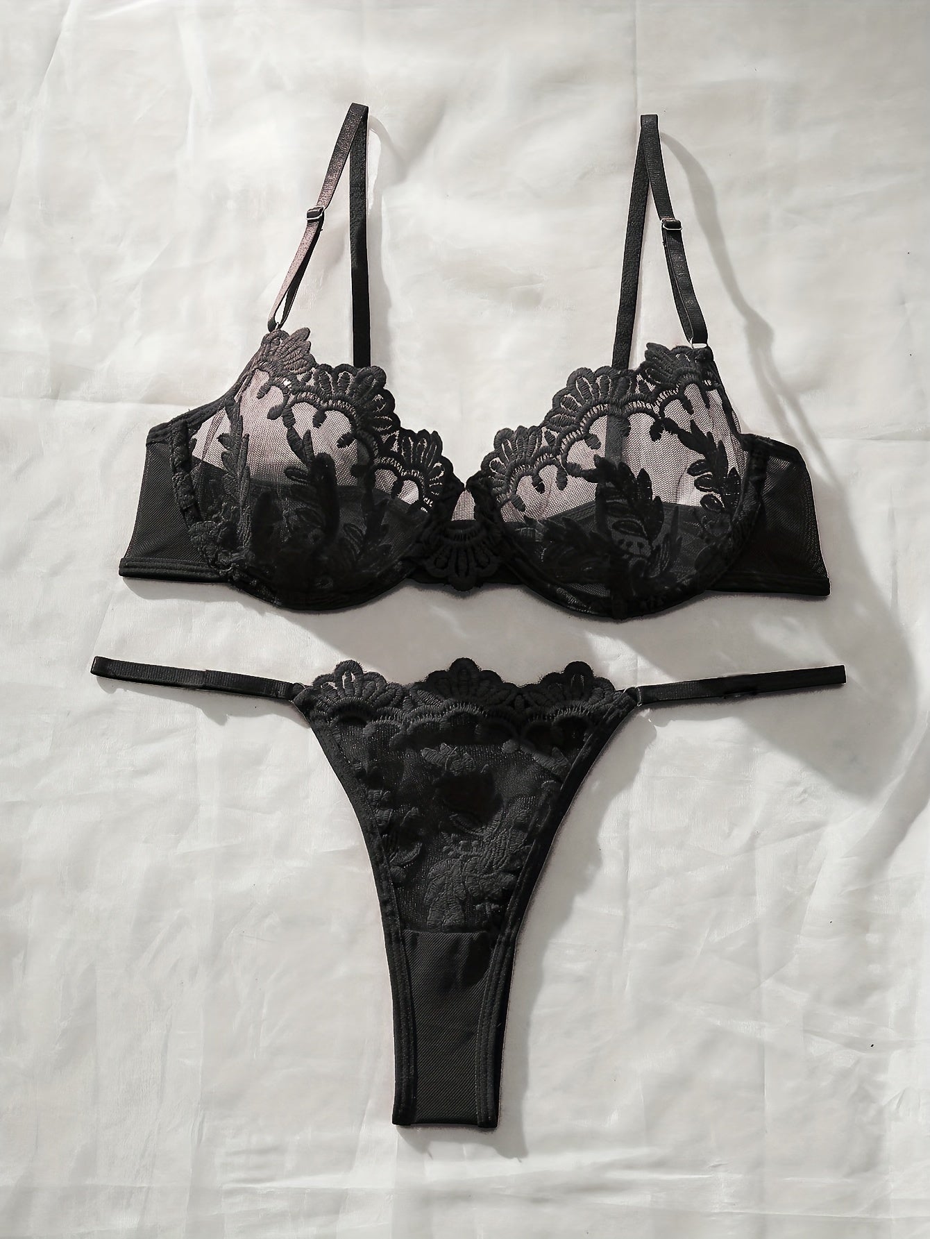 Bloemenborduursel BH & Slip Set – Semi-doorschijnende Mesh Lingerie voor Vrouwen
