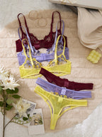 3-delige Bloemenborduursel Lingerieset – Semi-doorschijnbare Cami & String