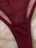 3-delige Bloemenborduursel Lingerieset – Semi-doorschijnbare Cami & String