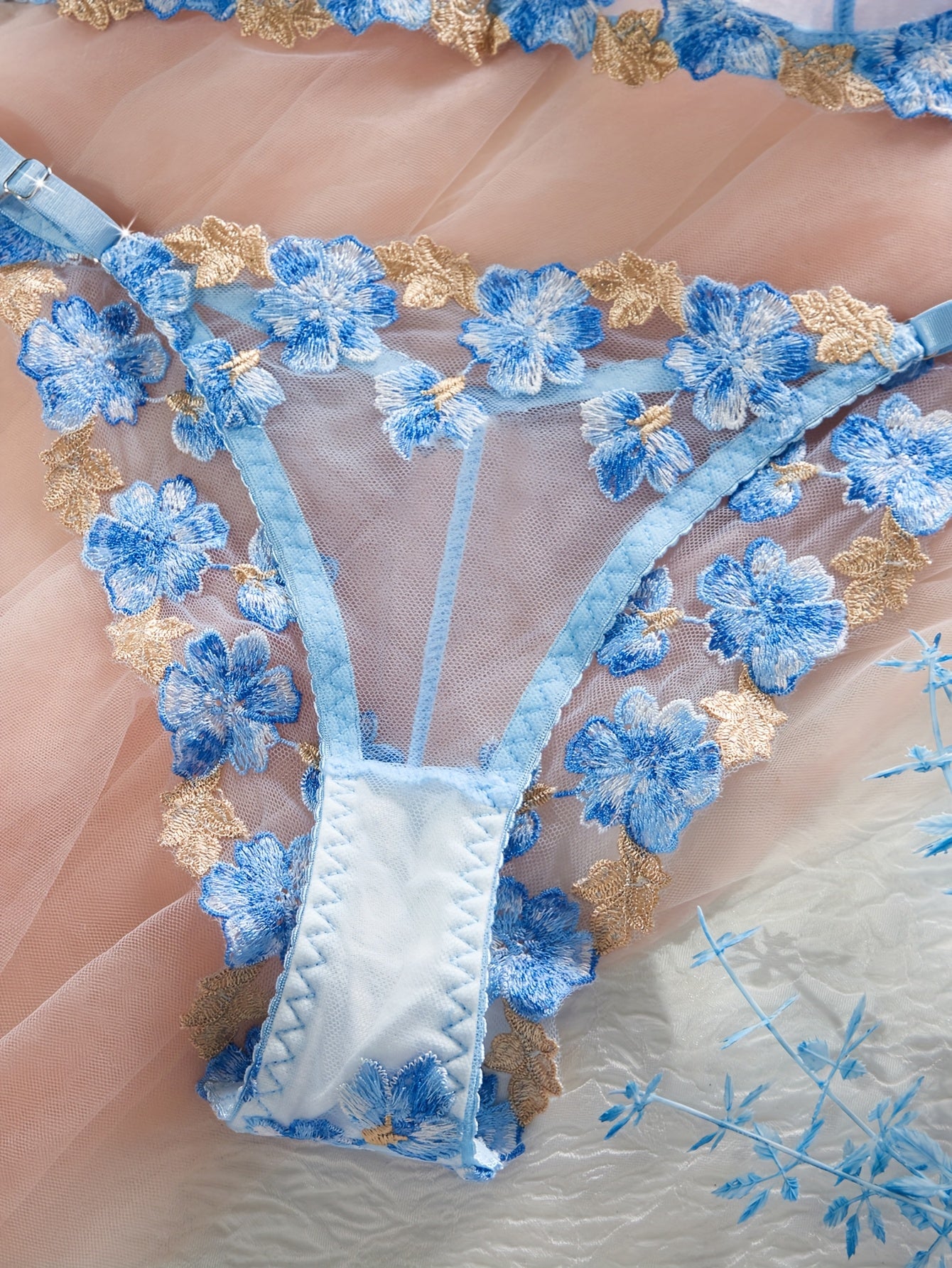 Zomer Lingerie Set Dames - Blauw Mesh & Bloem