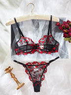 Valentijn Limited Edition — Blauwe bloemenkant beha & high-waist slip, semi-transparant met verstelbare strikjes