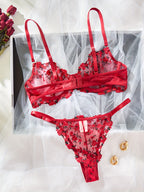 Valentijn Limited Edition — Blauwe bloemenkant beha & high-waist slip, semi-transparant met verstelbare strikjes