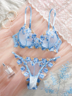 Zomer Lingerie Set Dames - Blauw Mesh & Bloem