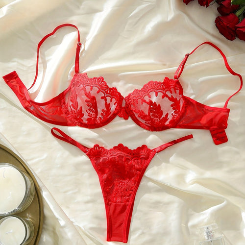 Bloemenborduursel BH & Slip Set – Semi-doorschijnende Mesh Lingerie voor Vrouwen