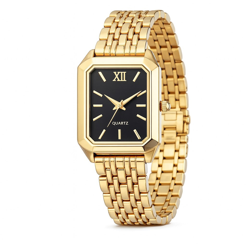 Barlèdome Dames Horloge Goudkleur zwart - Rechthoekig Quartz Polshorloge 5981