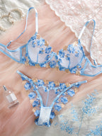 Zomer Lingerie Set Dames - Blauw Mesh & Bloem