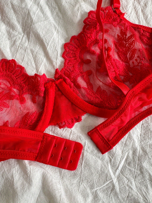 Bloemenborduursel BH & Slip Set – Semi-doorschijnende Mesh Lingerie voor Vrouwen