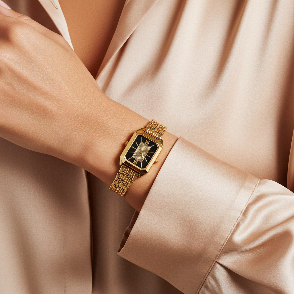 Barlèdome Dames Horloge Goudkleur Zwart - Rechthoekig Quartz Polshorloge - Luxe RVS Horloge met Romeinse Cijfers