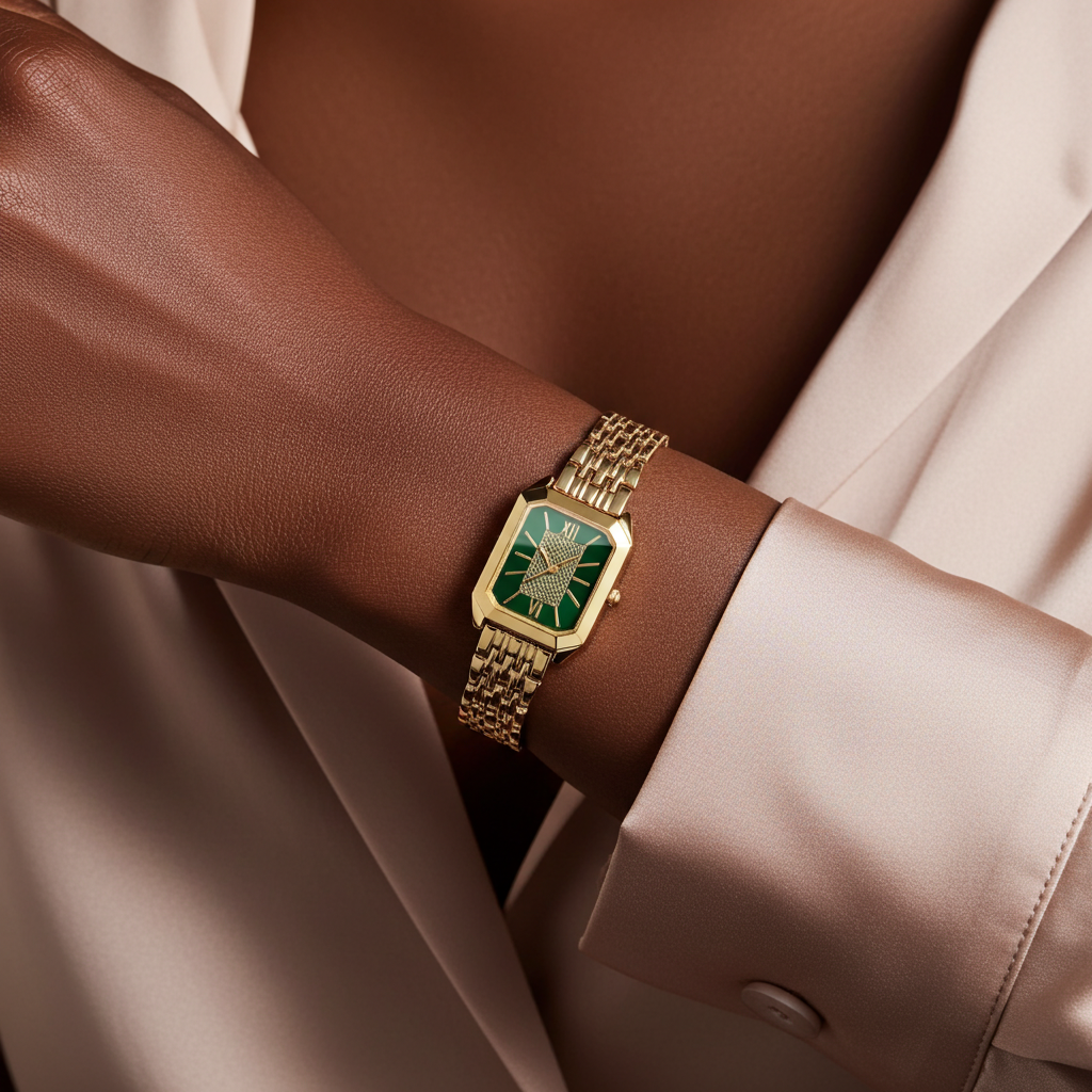 Barlèdome Dames Horloge Goudkleur groen - Rechthoekig Quartz Polshorloge - Luxe RVS Horloge met Romeinse Cijfers