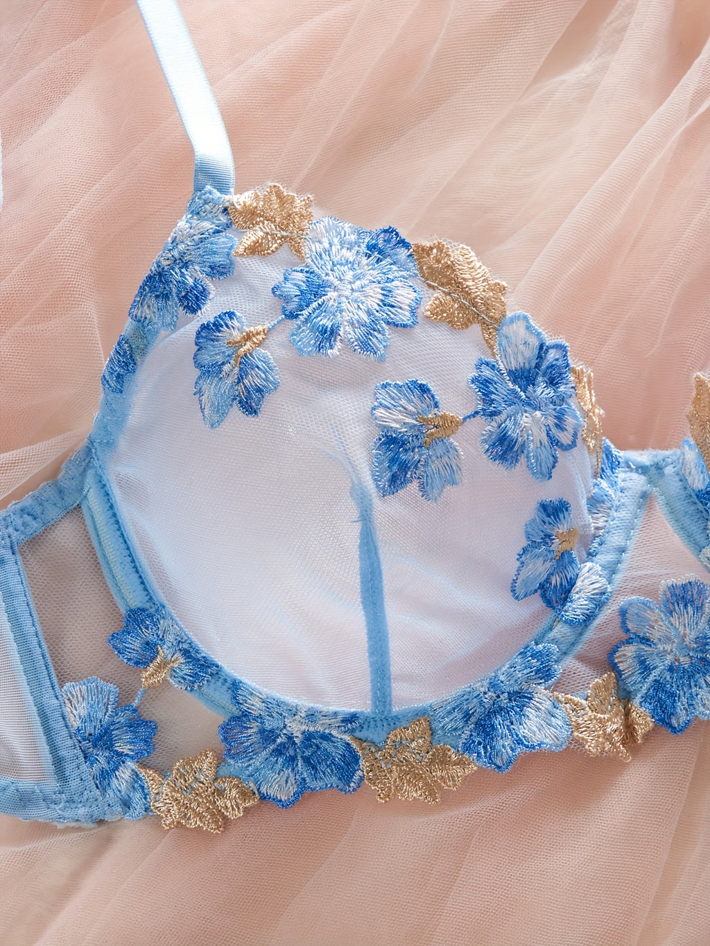 Zomer Lingerie Set Dames - Blauw Mesh & Bloem