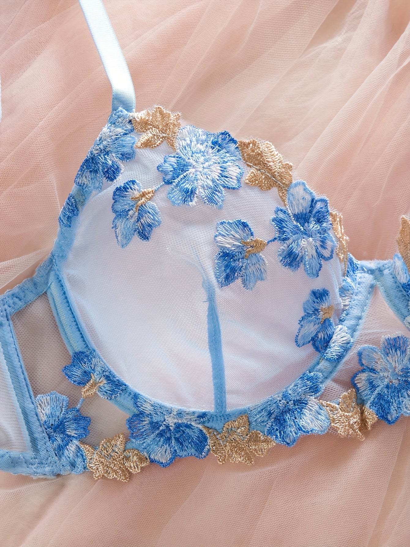 Zomer Lingerie Set Dames - Blauw Mesh & Bloem