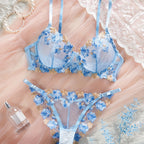 Zomer Lingerie Set Dames - Blauw Mesh & Bloem