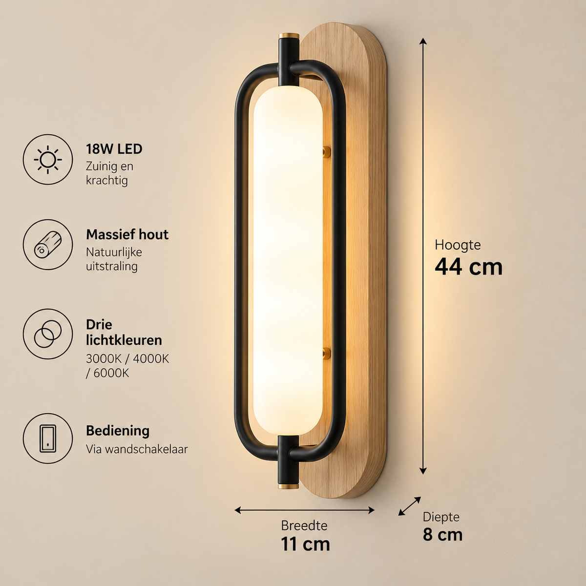 Houten wandlamp met acryl kap – 18W LED